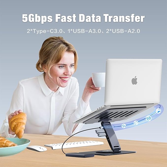 Adjustable Laptop Stand for Desk with Docking Station 11-in-1, Aluminum Laptop Riser with USB Hub 360°Swivel Dual Display 4K60Hz HDMI Gigabit Ethernet USB3.0 PD100W for MacBook Pro Air/Dell/HP 7-15.6"