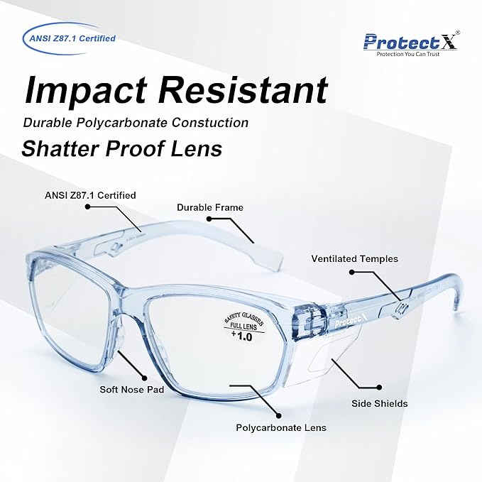 ProtectX Stylish Anti-Fog & Scratch-Resistant Safety Glasses With Readers, UV Protection Goggles, Anti-Impact Lightweight Glasses for Men＆Women 1.0-2 Pack,Blue