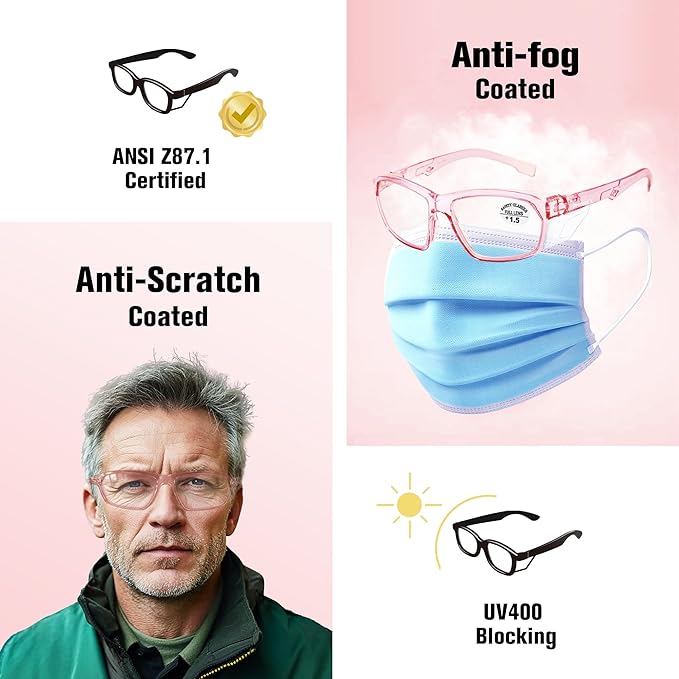 ProtectX Stylish Anti-Fog & Scratch-Resistant Safety Glasses With Readers, UV Protection Goggles, Anti-Impact Lightweight Glasses for Men＆Women Pink Reading 1.5-2 Pack