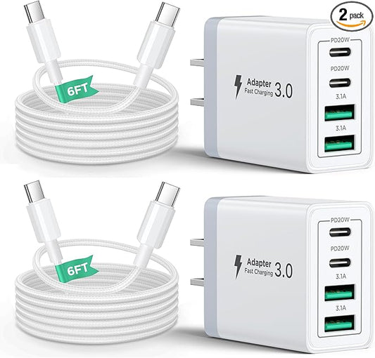 40W USB C Charger Block, 2Pack 4-Ports Type C Fast Phone Charging Cube with 6FT USBC to USBC Cord, Multiport Wall Plug Power Brick Box Compatible with iPhone, Samsung, iPad Pro, Cellphones Charger