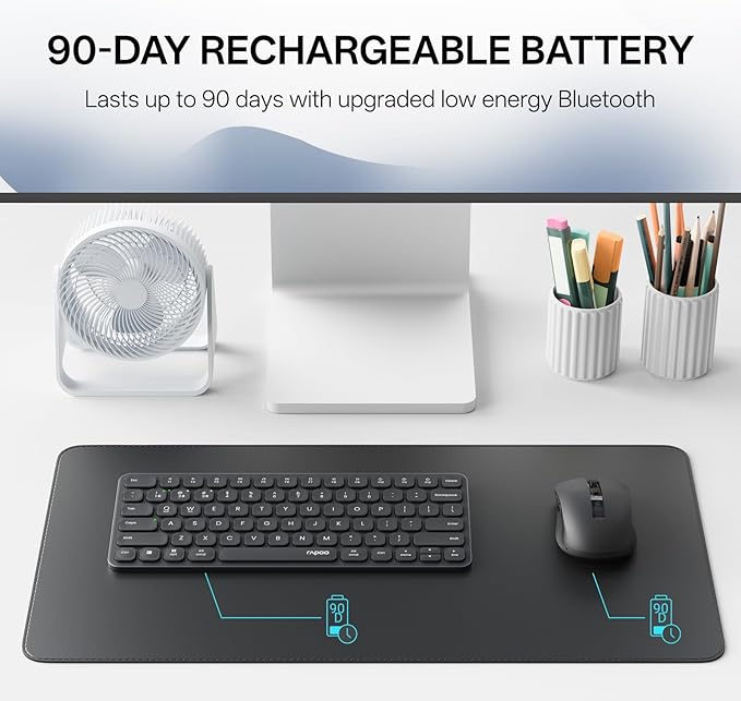 Rapoo 9050S Multi-Device Keyboard and Mouse Combo, 2.4GHz/Bluetooth 5.0/4.0 Wireless Keyboard & Mouse Set for Windows/Mac/Linux/Chrome, Support 4 Devices, Rechargeable, Silent Click, Black