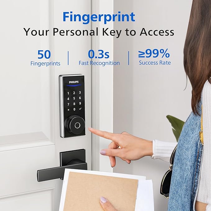 Philips Wi-Fi Smart Door Lock, Keyless Entry Door Lock with App Control,Fingerprint ID,Auto Lock,Keypad Deadbolt with Wi-Fi Bridge Adaptor,Smart Locks for Front Door-Satin Nickel