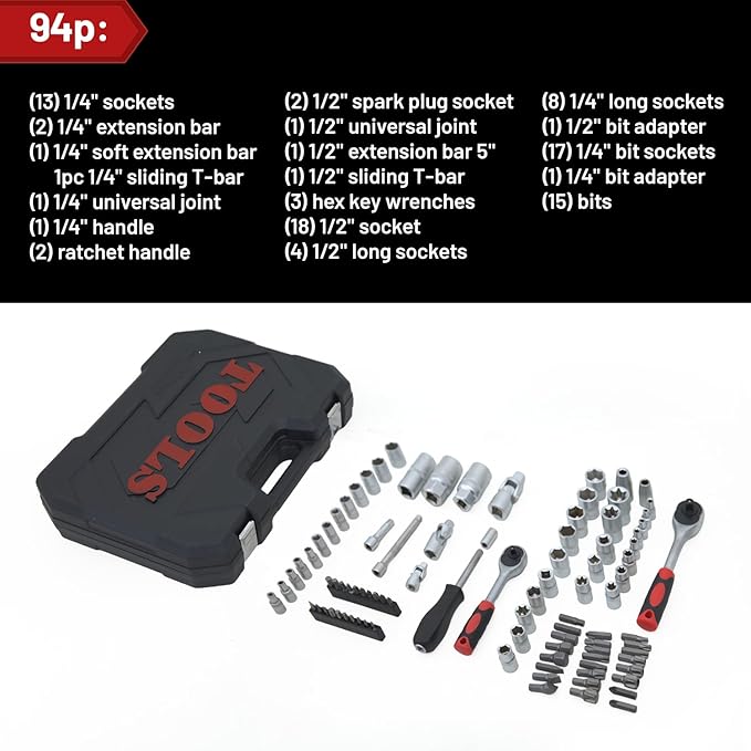 Ultimate Sockets Set Comprehensive Hand Tool Set Perfect for Home Essentials College Dorm Car Emergency Kit Ideal Apartment Essentials & Men’s Tools Gift (94pcs)