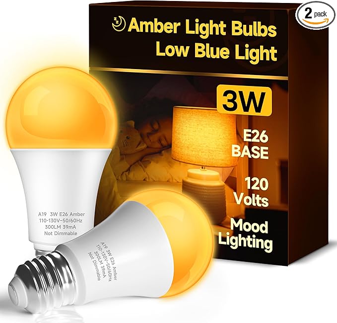 Sleep Light Bulb, 3W Amber Light Bulbs, 1800K Warm Light Bulbs, Blue Light Blocking Dim Bulbs, E26 A19 Mood Soothing Light for Bedroom and Baby Kid Nursery, 2 Pack