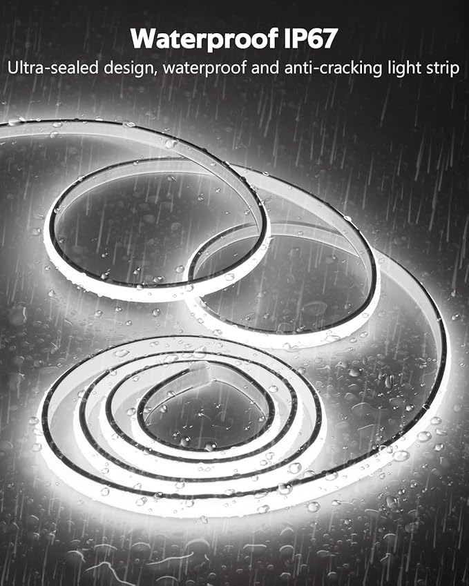 Daylight White LED Strip Lights 16.4FT 24V Waterproof COB LED Strip Kit with Remote Dimmable Flexible LED Tape Light 6000K Uniform Glow 320LEDs/M for Indoor Decor (Adapter are Included)