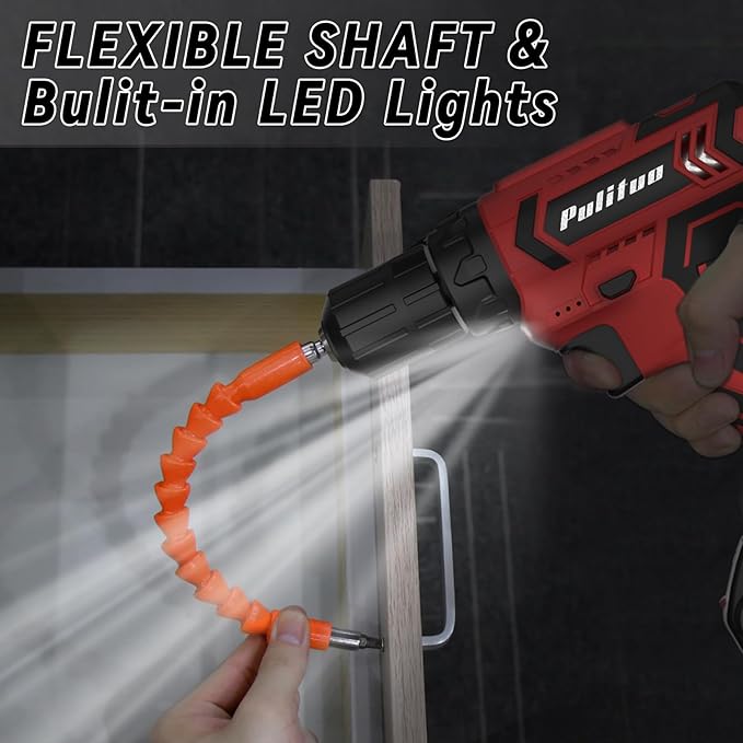 PULITUO Cordless Drill Set, 20V Electric Power Drill with Battery And Charger, 30N.m and 21+1 Torque, 2 Variable Speeds, with 59pcs Drill Driver Bits Kit, Screws Set，(Red)