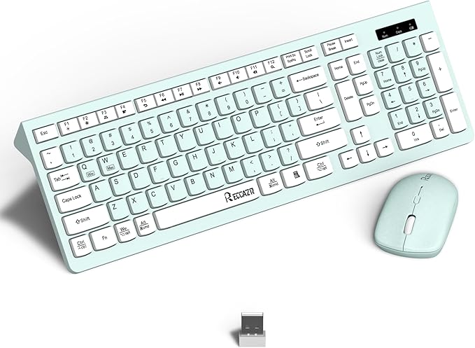 Wireless Keyboard and Mouse Combo, Full-Sized Wireless Keyboard and Adjustable DPI Mouse, 2.4GHz USB Receiver, Wireless Keyboard and Mouse for PC, Windows, Desktop, Laptop (Mint Green and White)