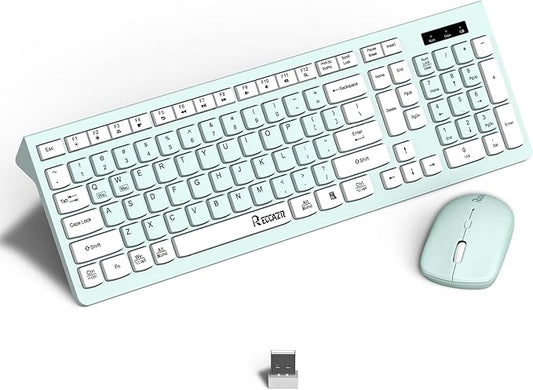 Wireless Keyboard and Mouse Combo, Full-Sized Wireless Keyboard and Adjustable DPI Mouse, 2.4GHz USB Receiver, Wireless Keyboard and Mouse for PC, Windows, Desktop, Laptop (Mint Green and White)
