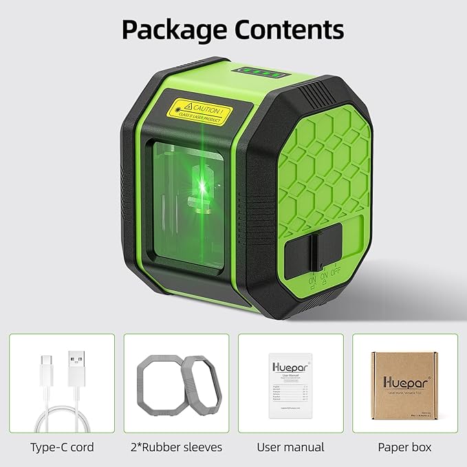 Laser Level, HUEPAR Self leveling Green Cross Line Laser Level 100Ft Accurate Level Laser Tool for DIY Construction & Decoration Indoor Projects, Built-in Li-ion Battery for Longer Working Time
