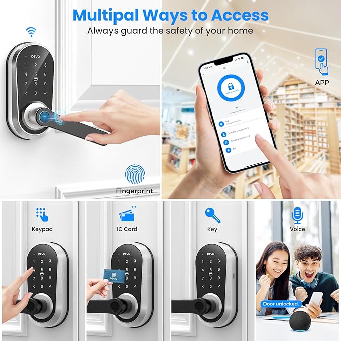 Devo G7 Smart Door Lock with Handle,6-in-1 Fingerprint Keyless Entry,APP Control,Fingerprint ID,Auto Locks,Built-in Wi-Fi Smart Deadbolt for Front Door,Easy Install,Waterproof,BHMA Grade 3