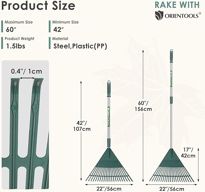 ORIENTOOLS Rake for Leaves,Adjustable Garden Leaf Rake ,Lightweight Steel Poly Yard Rake，22 Tines, 42 to 60 Inches (Silver Handle)