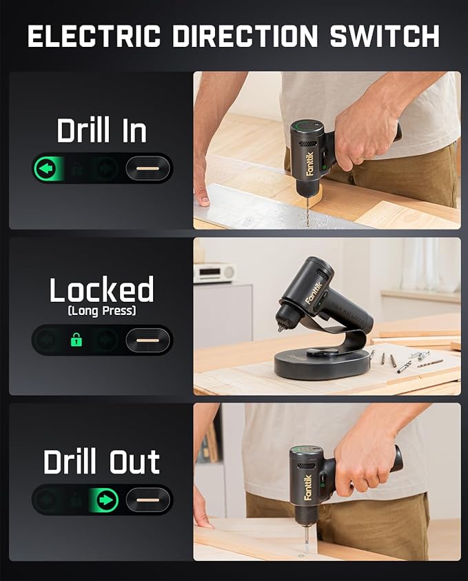 Fanttik K2 Ultra Power Drill, Cordless Drill/Driver, 3/8'' Keyless Chuck, Max. 30 N.m, Max. 1250 RPM, TapSwitch Gear Change, 2.5AH Rechargeable Battery, Tool Kit for Home DIY Projects