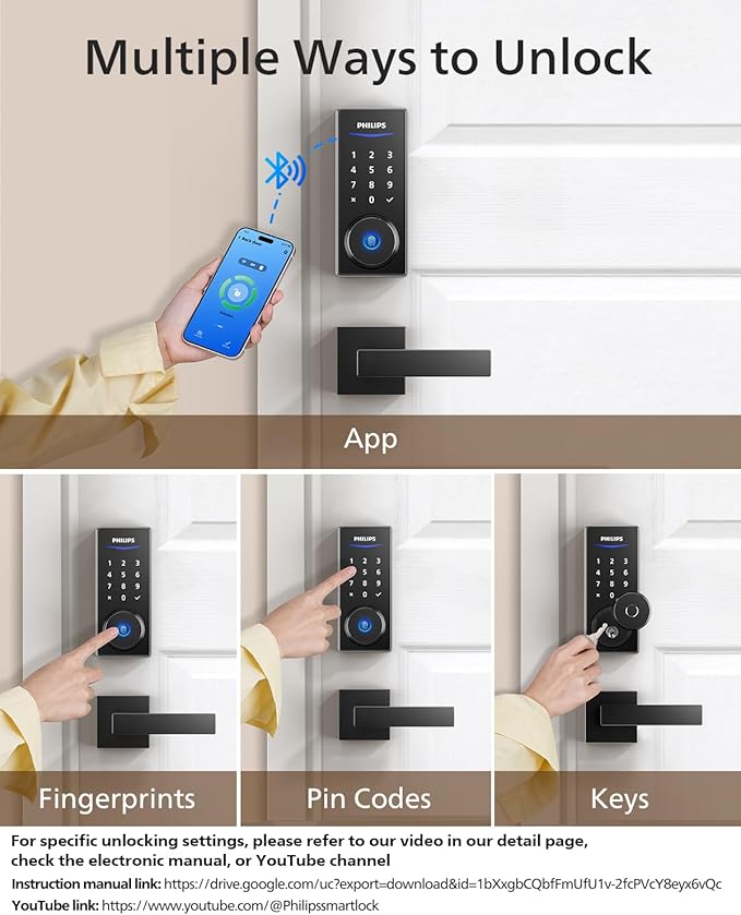 Philips Smart Lock with Handles, Keyless Entry Door Lock Set, Smart Door Lock with 2 Level Handles, Digital Keypad Deadbolt for Front Door, App Fingerprint PIN Code Unlocking, Auto Locking