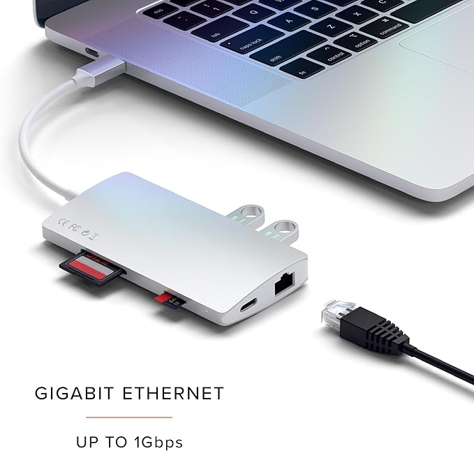 Satechi 8 in 1 USB C Hub Multiport Adapter V2, 4K HDMI, 115W USB C PD Charging, 3 USB-A, Ethernet, Micro/SD Card Readers, for Laptop, MacBook Pro/Air M4/M3/M2/M1, iPad, iPhone 16, Windows - Silver