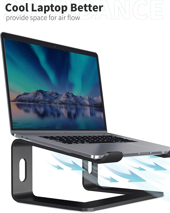 SOUNDANCE Laptop Stand, Aluminum Computer Riser, Ergonomic Laptops Elevator for Desk, Metal Holder Compatible with 10 to 15.6 Inches Notebook Computer, Black