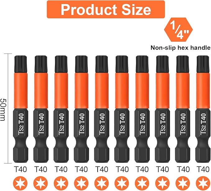 Pro T40 Screwdriver Bit Set - Torx Screwdriver 10 Pieces, 50mm Length, 1/4" Hex Shank Bit Assortment, with Storage Box