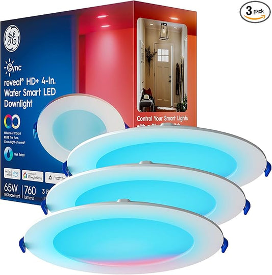 Cync GE Reveal Smart LED Wafer Downlight, Color Changing WiFi Light, Matter Compatible, Compatible with Alexa and Google Home, 4in, 3 Pack