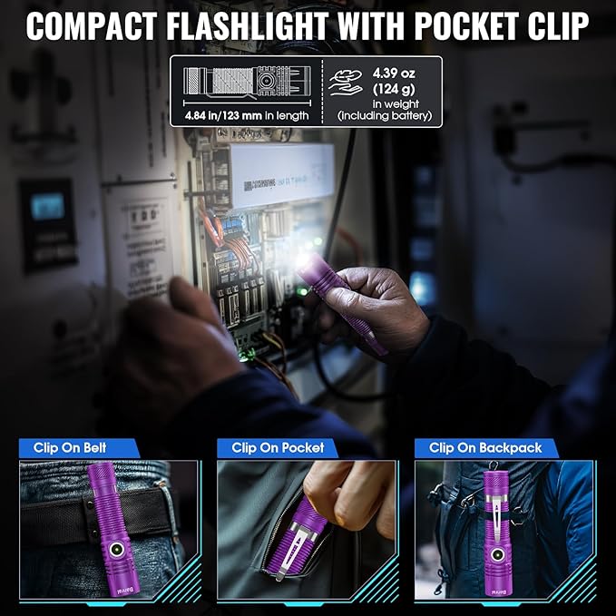 Rechargeable Tactical Flashlights, High Lumens Small Mini USB-C LED Flashlight, Compact EDC Flash Light, 4 Modes&Memory Function, Waterproof Pocket Lights for Home,Camping,Emergency (1, Purple)