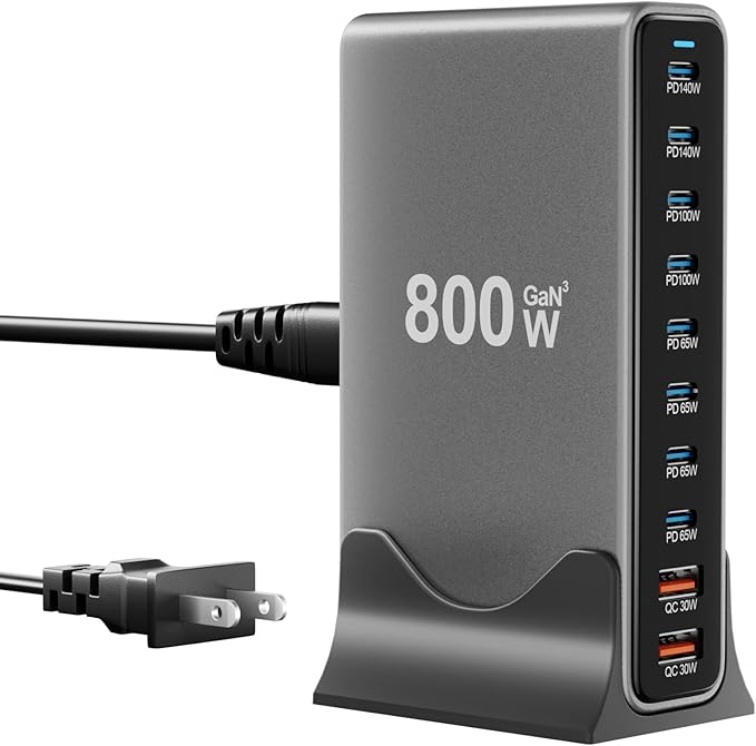 800W USB C Charger Block, 10 Port Charging Station, GaN Ⅲ Charging Station for Multiple Devices, Travel Charger for Multiple Devices, USB C Charging Hub Compatible with MacBook iPhone iPad Dell