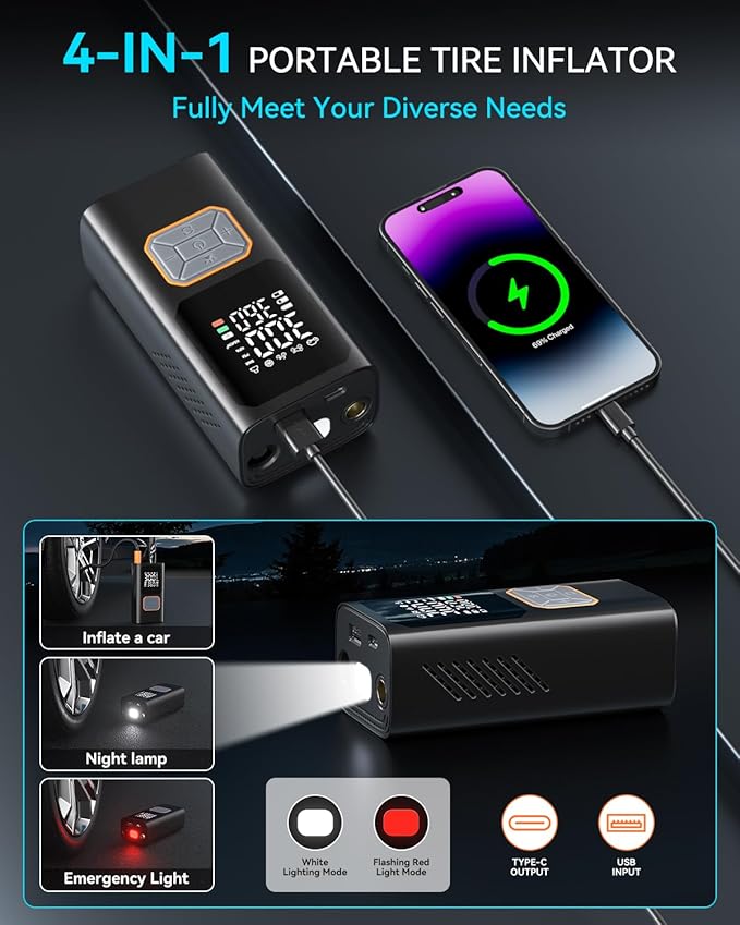 Cordless Tire Inflator Portable Air Compressor 150PSI Bike Pump with LED Light & Pressure Gauge Auto Shut-Off electric Air Pump for Car Tires Motorcycle Bicycle Ball with Digital Dual Values Display