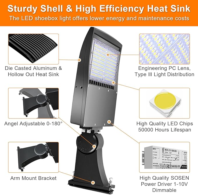 480V 150W LED Parking Lot Lights, 21000LM LED Shoebox Street Light Flood Light (500W MH/HPS Equiv.), 5000K Dimmable Commercial Area Lighting with 20KV Surge Protection, IP65 277-480V UL&DLC Listed