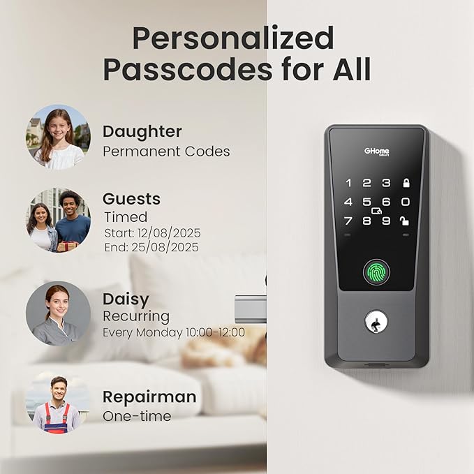 GHome Smart Locks for Front Door with WiFi – 6-in-1 Keyless Entry Smart Fingerprint Lock with Keypad, Auto Lock, App Control, Easy Installation, Smart Deadbolt Lock, Airbnb, Rental, Smart Home