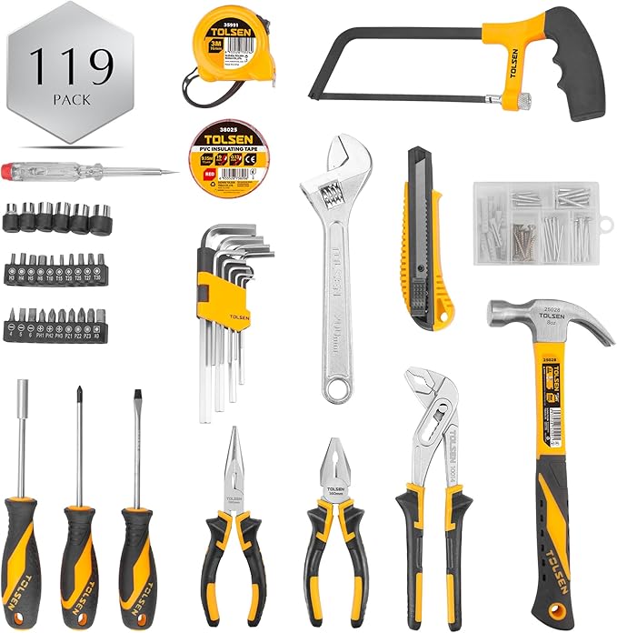 TOLSEN Tool Set for Home Maintenance and Daily Use, General Household Hand Tool kit with Plastic Storage Toolbox, 119 Pieces Home Tool Kits for All Purpose
