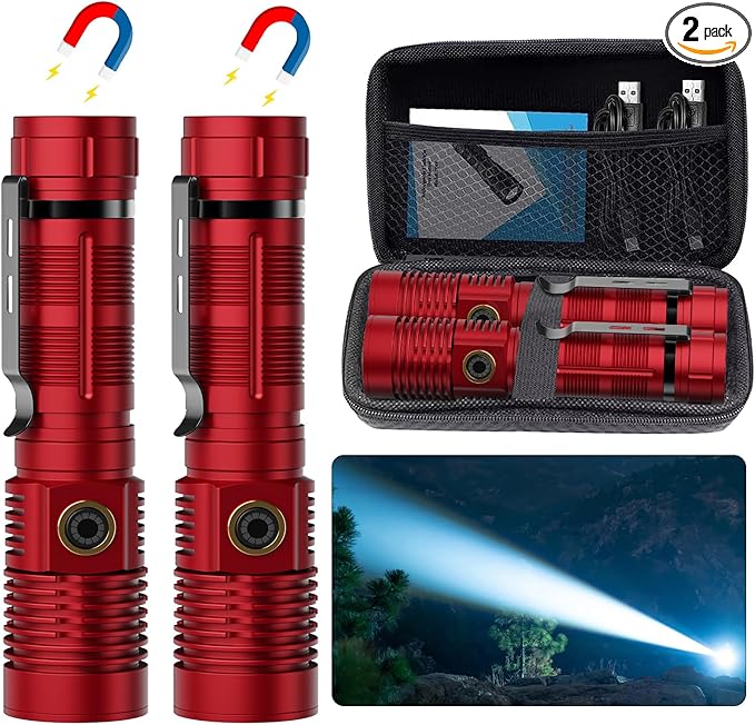 Small Tactical Flashlights High Lumens - 1500 Meters Long Beam Super Bright LED Magnetic Flashlight USB Rechargeable Zoomable 5Modes Long Beam Spotlight Flashlight for Hiking, Camping-Red