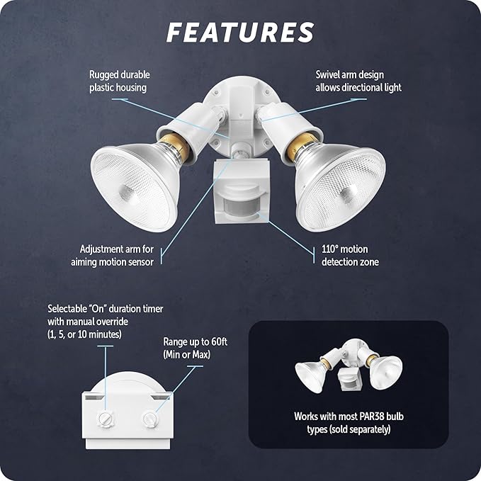 GLOBE Electric 17000270 110-Degree 240 W Twin Head Gray Hardwired Motion Sensor Security Flood Light, Spotlight, Outdoor, Outside House Lights