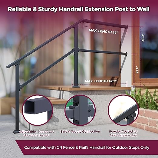 CHR Fence & Rail Hand Rails for Outdoor Steps Extension, 4ft Rectangular Handrail Extension to Wall, Handrails for Step Landings Ideal for Porch, Deck, & Stair Railing Indoor & Outdoor
