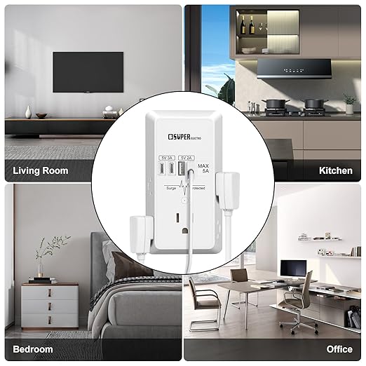 Outlet Extender, USB Wall Charger Surge Protector,5 Outlet Extender with 4 USB Charging Ports (5V 5A),3-Sided 1200J Power Strip Multi Plug Adapter for Home Travel,ETL Listed