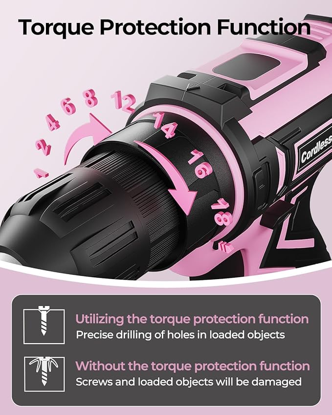 Pink Cordless Drill Set, Electric Power Drill for Women, Lightweight Electric Screwdriver Driver with Battery & Charger, 3/8" Keyless Chuck, Womens Tool Kit for Home DIY Projects