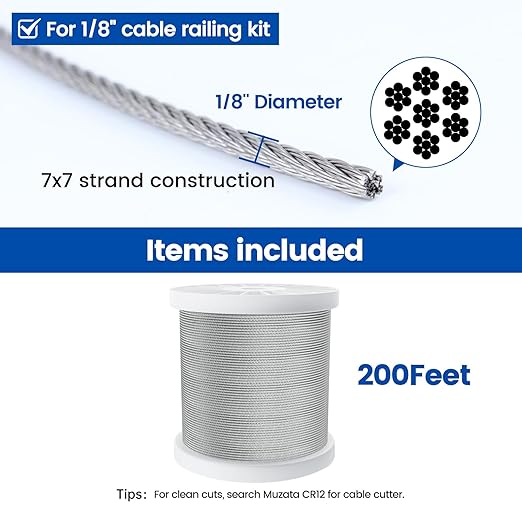 Muzata 200 ft 1/8" Stainless Steel Cable Railing System Hardware T316 Stainless Steel Wire Rope 7x7 Strands 1800 lb Breaking Strength Deck Cable Railing Kit for Indoor Outdoor Coastal WR02