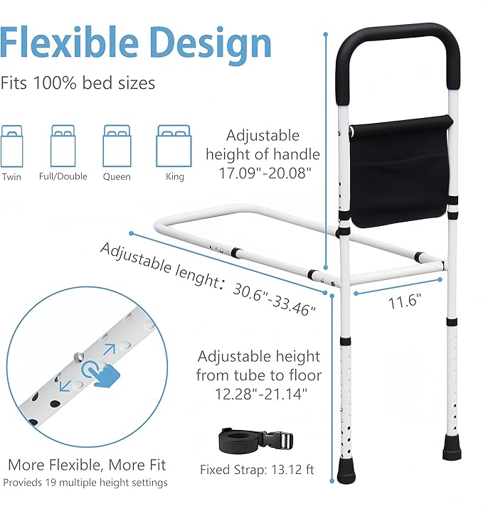 Bed Rails for Elderly Adults Safety, Adjustable Bed Assist Rails for Seniors, Bedrails with Support Legs and Storage Pocket, Bed Railing Cane Fit Single, Double King,Queen,Full, Twin Beds