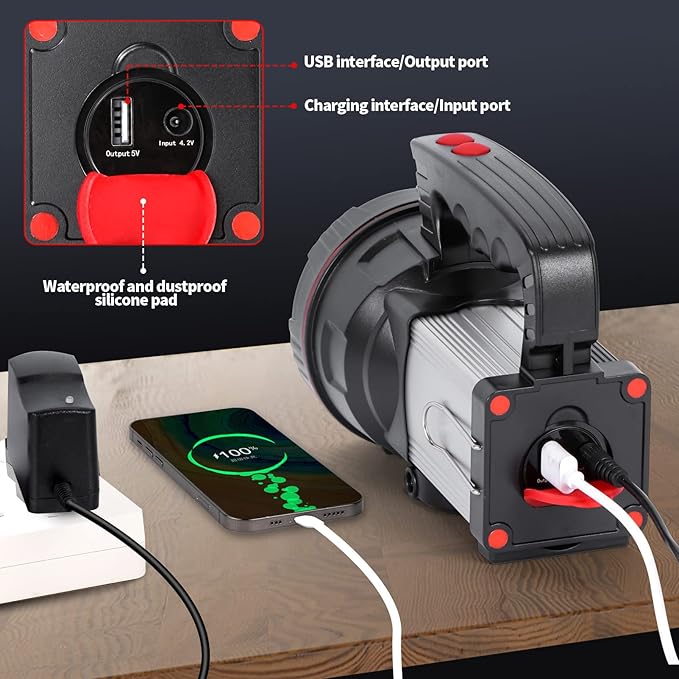 Superbright LED Handheld Searchlight Tactical Waterproof Spotlight High Power Rechargeable Flashlights with Side Light USB Power Charger (Yellow Light)