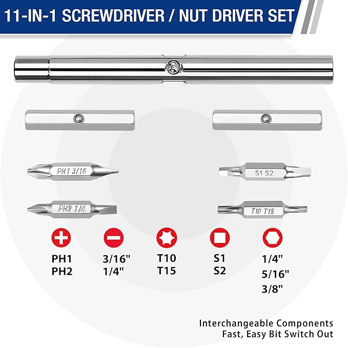 WORKPRO 11-in-1 Screwdriver/Nut Driver Set Tool Comfort Grip, All in One Multi-bit, Portable Screw-driver, 8 Bits (Philips/Slotted/Torx/Square), 3 Nut Driver Sizes