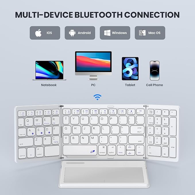 Foldable Bluetooth Keyboard, Portable Full Size Folding Keyboard with Large Touchpad, Numeric Keypad, PU Leather, Wireless TravelKeyboard for Windows Android Mac(White)