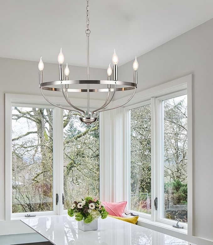 6-Light Brushed Nickel Chandelier Modern Candle Chandeliers Light Fixture Sputnik Pendant Light Adjustable Hanging Light Over Table for Dining Room Kitchen Island Bedroom E12