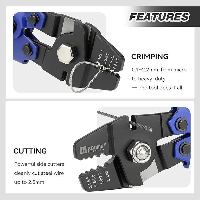 Booms Fishing Crimping Tool Kit: 10.6in Fishing Crimping Pliers with Side Wire Cutters - Up to 2.2mm Crimper, XW40