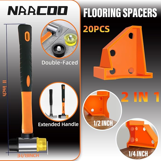 Laminate/Vinyl Flooring Tools, NAACOO Heavy Tapping Block, Heavy Pull Bar, Knee Pads, 10” Contour Gauge, 20pc Upgrade Flooring Spacers, Rubber Mallet/Pro-6 in 1 Floor Installation Kit
