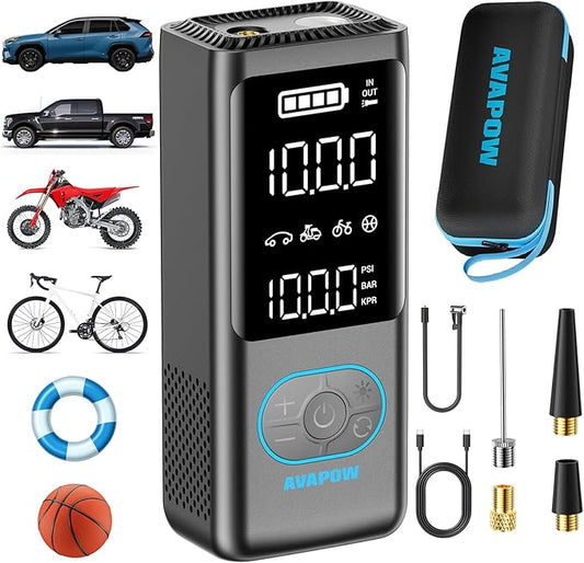 AVAPOW Tire Inflator Portable Air Compressor, 150 PSI Cordless Car Tire Air Pump with Pressure Gauge, 3.7″ LCD Screen, Auto-Shuts Off Tire Pump for Car, Motorcycle, Bike, Balls