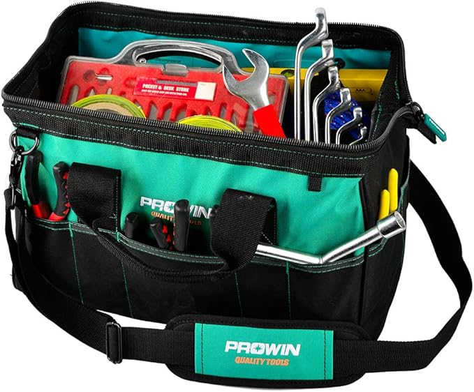 Prowin 16-inch Wide Mouth Tool Bag Multi-pocket Tool Organizer with Adjustable Shoulder Strap, Tool Tote Bag for Men