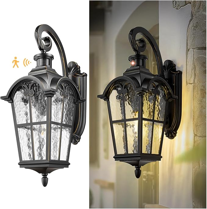 Emliviar 24" Motion Sensor Outdoor Light Fixtures Wall Mount, Aluminum Exterior Porch Light in Black Finish with Gold Edges, Outside Wall Light with Water Glass, WE305BL-SE BG-SW
