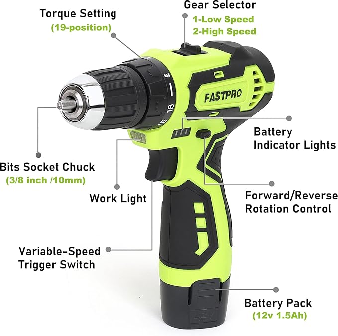 FASTPRO 175-Piece 12V Cordless Drill Set, Drill Driver and Home Tool Kit, House Repairing Tool with 12-Inch Storage Tool Bag, For DIY, Home Maintenance, Green