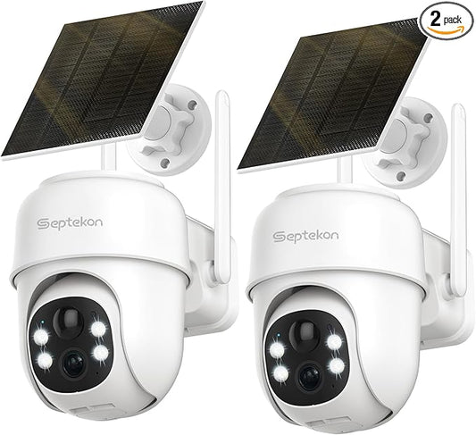 Septekon 360°PTZ Security Cameras Wireless Outdoor 2 Pack, 2K Solar Battery Powered Cameras, 2.4G WiFi Camera with Spotlight, Motion Detection, Siren, Color Night Vision, IP66, White