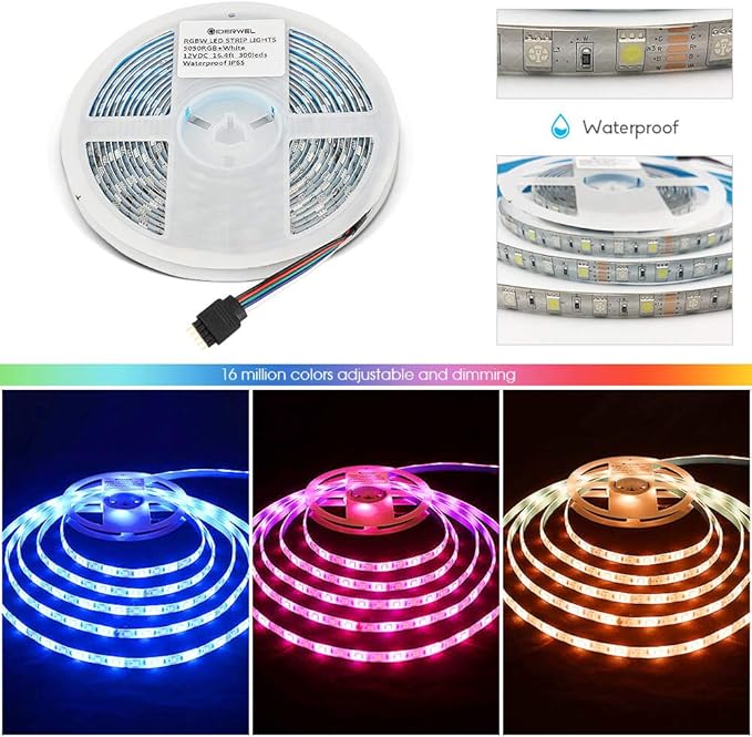 GIDERWEL RGBW LED Strip Light,16.4ft RGB+Cold White SMD5050 Flexible 12V LED Strips 300LEDs,Dimmable Mixed Color Changing LED Tape Light Ambiance Lighting for Party Home Kitchen,Only 5m Strips