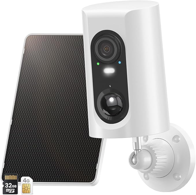 ANRAN 4G LTE Cellular Solar Security Camera Wireless Outdoor, 2K No WiFi Solar Powered Security Camera, 2 Way Audio, Smart Motion Detection, Color Night Vision, IP66, White (32GB & SIM Card Included)