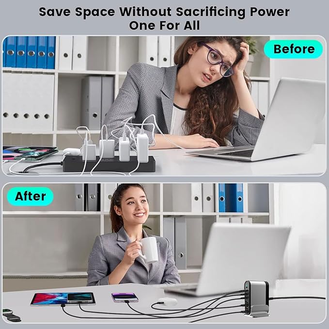 USB C Fast Charger : Fast Charging Station : 285W-8 Port Desktop Multiple Devices Power Adapter for Laptop MacBook Pro/Air, DELL, Tablet iPad Pro/Air, iPhone 16/15/14, Galaxy S23/22