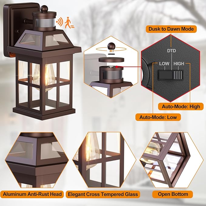 Bronze Outdoor Wall Lights with Motion Sensor, ETL Exterior Light Fixtures Waterproof 2 Pack, Anti-Rust Aluminum Porch Lights Dusk to Dawn Outdoor Lights Brown Lantern Sconces for House