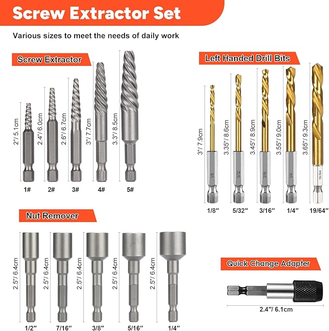 THINKWORK 16pcs Screw Extractor, Spiral Bolt Extractor Kit, Easy Out Left Hand Drill Bit Set, HSS Steel Cobalt Reverse Drill Bits for Stripped, Broken, Rusted, Rounded Screws, Bolts, Nuts, Fasteners